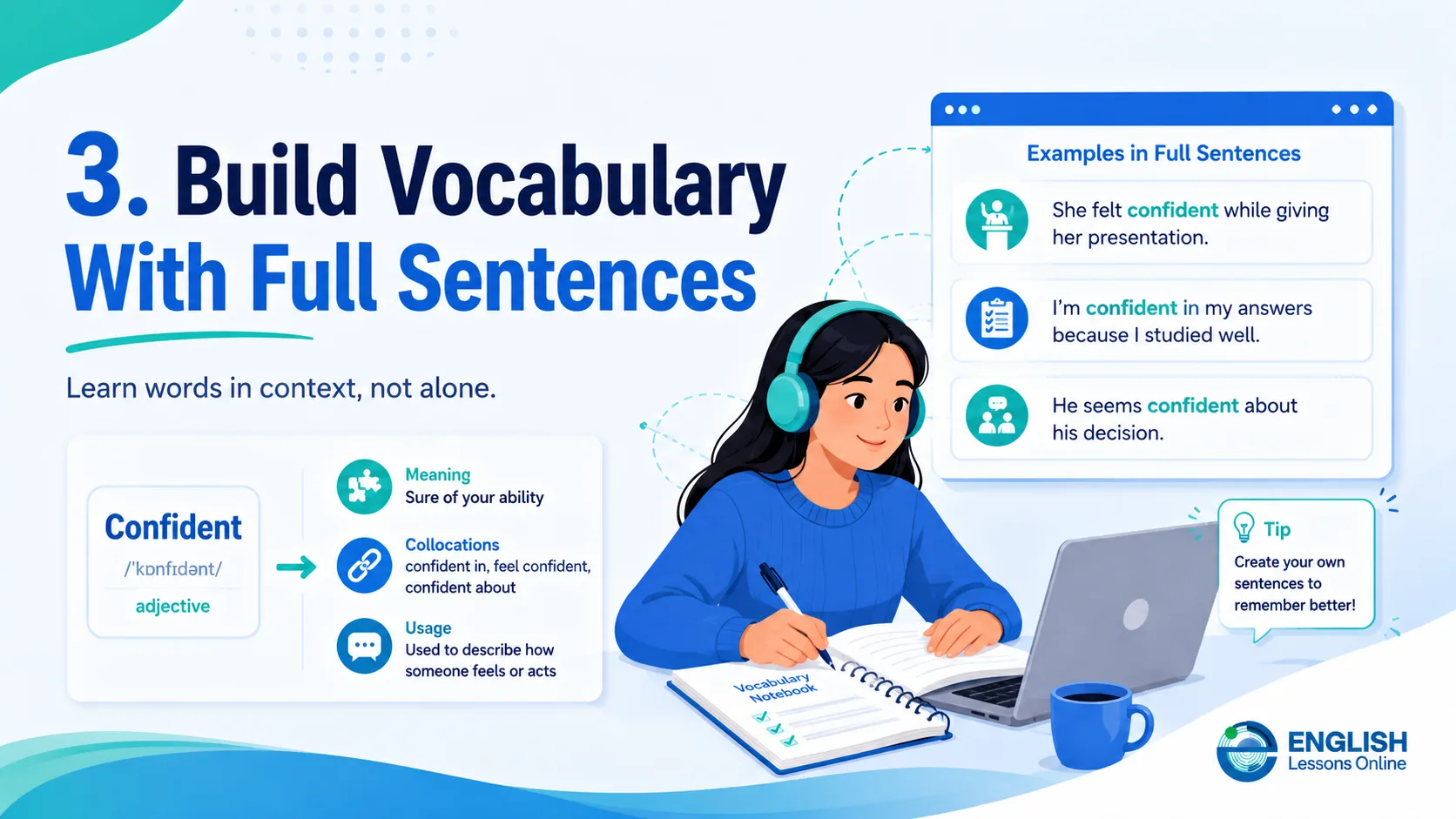 Learner building English vocabulary with full sentences, meanings, and usage examples