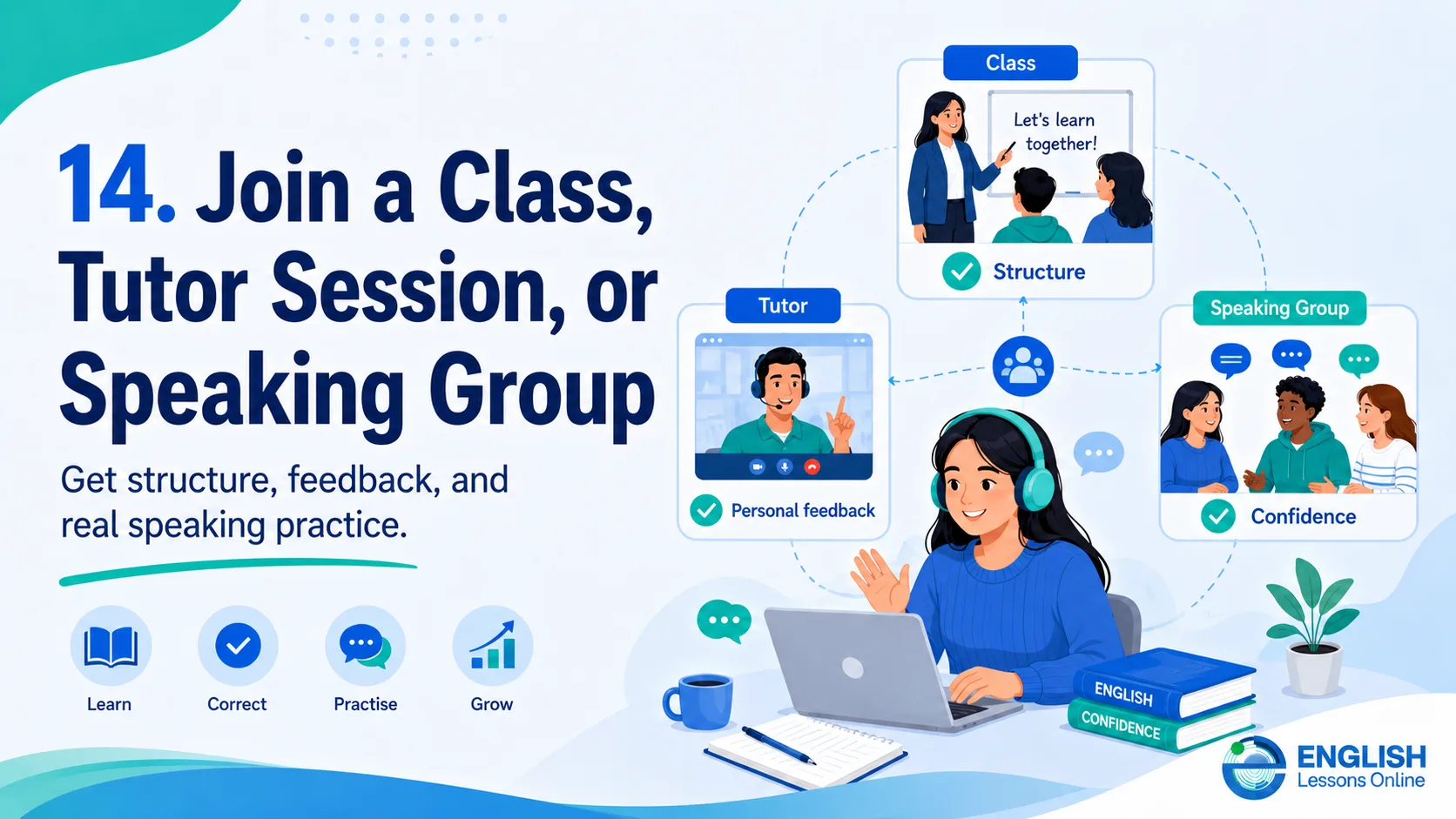 Student joining an English class, tutor session, or speaking group for feedback and practice