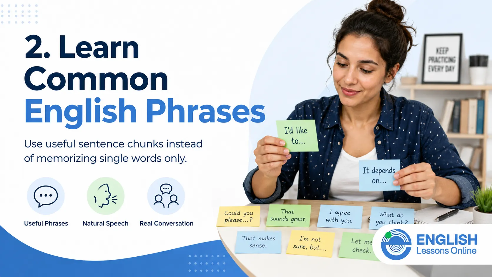 Learner studying common English phrases for fluent speaking