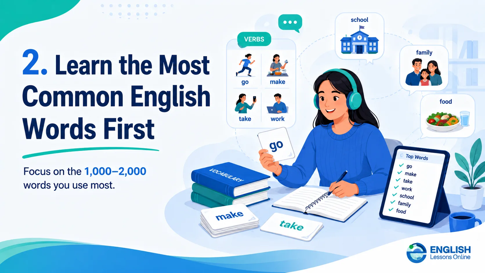 Student learning common English words first with vocabulary cards and everyday examples