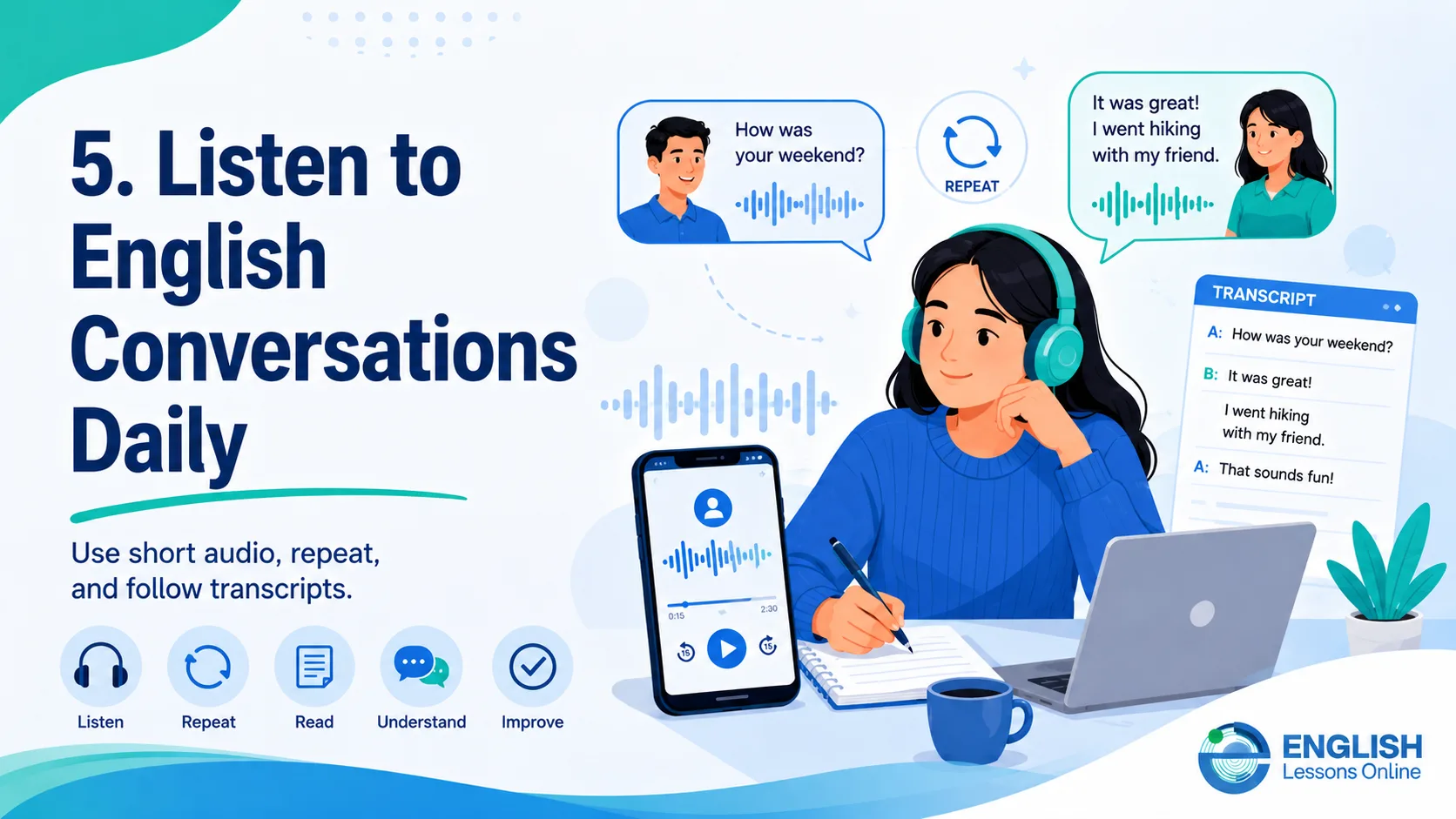 Learner listening to English conversations daily with audio, transcript, and repetition practice