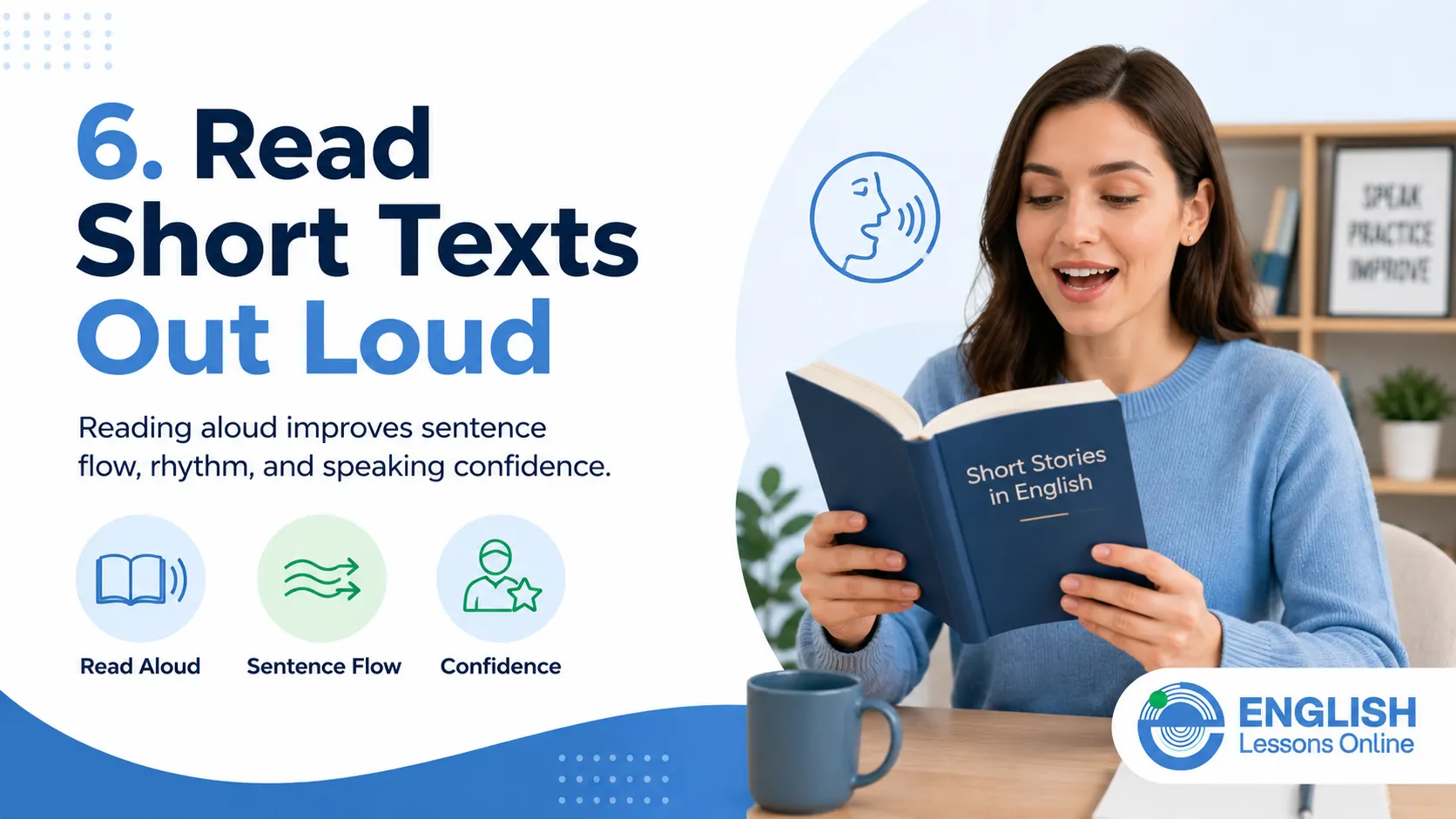 Student reading short English texts aloud for speaking practice