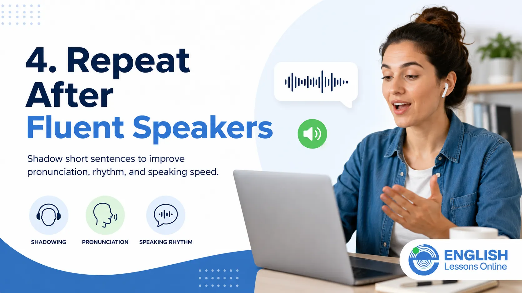Student repeating after fluent speakers to improve pronunciation