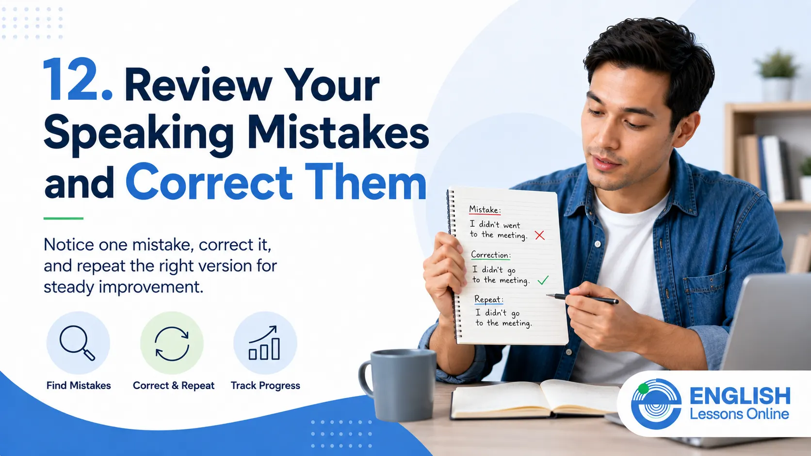 Student reviewing and correcting English speaking mistakes
