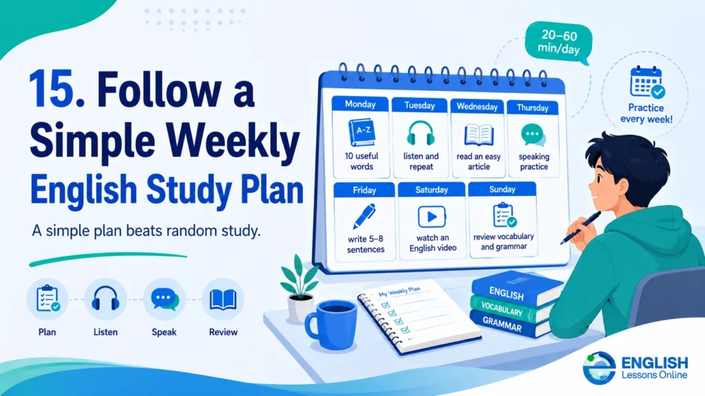 Learner following a simple weekly English study plan for vocabulary, listening, speaking, reading, and review