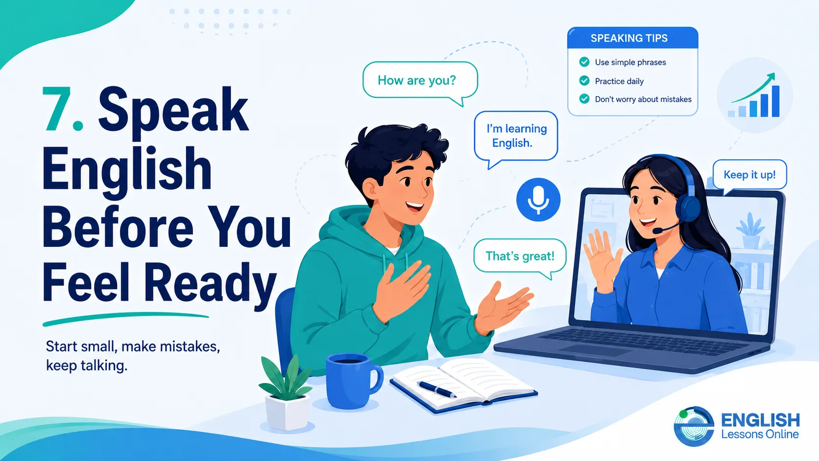 Learner practicing English speaking online before feeling fully ready