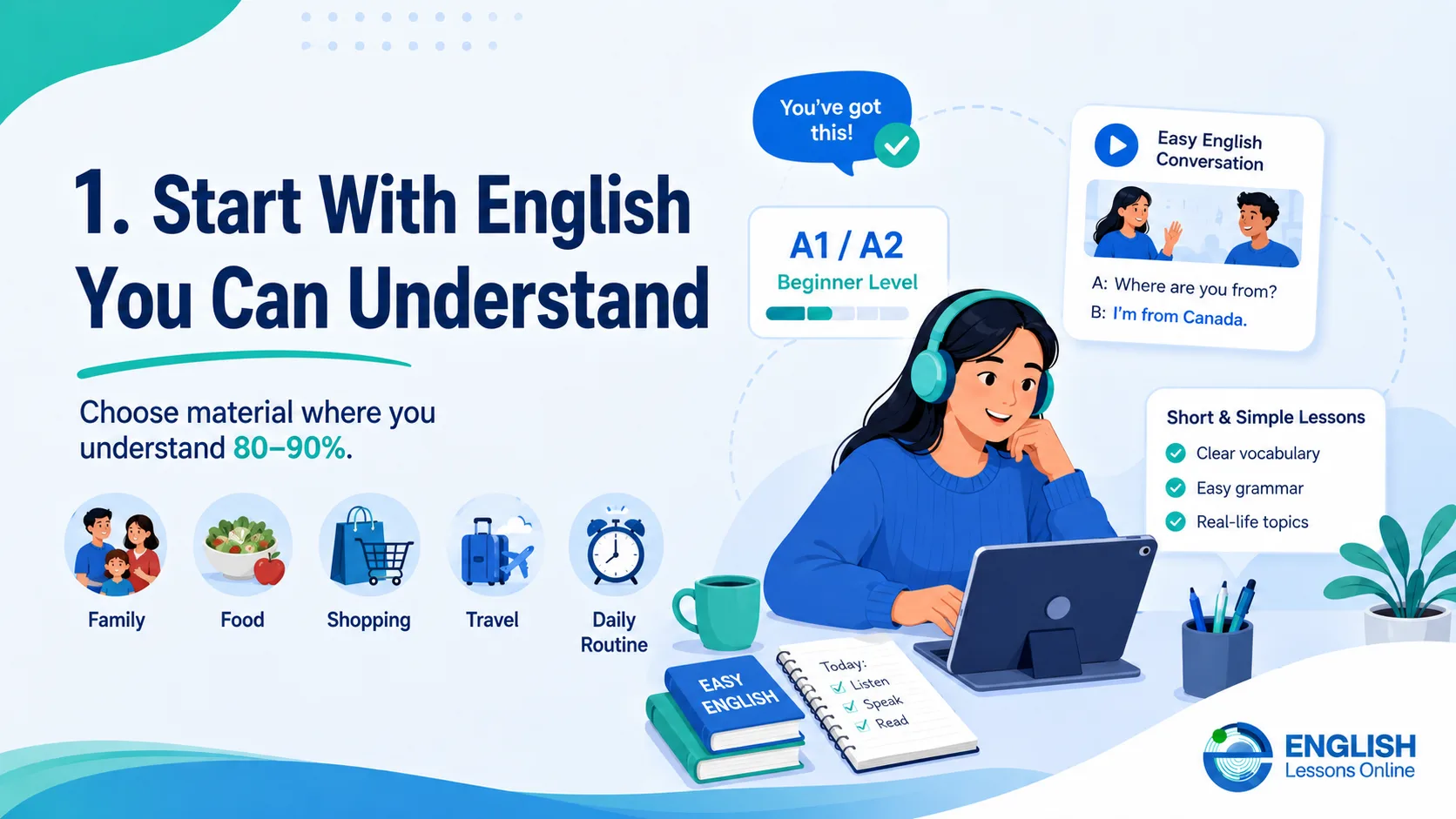 Learner studying easy English materials at the right level to improve faster