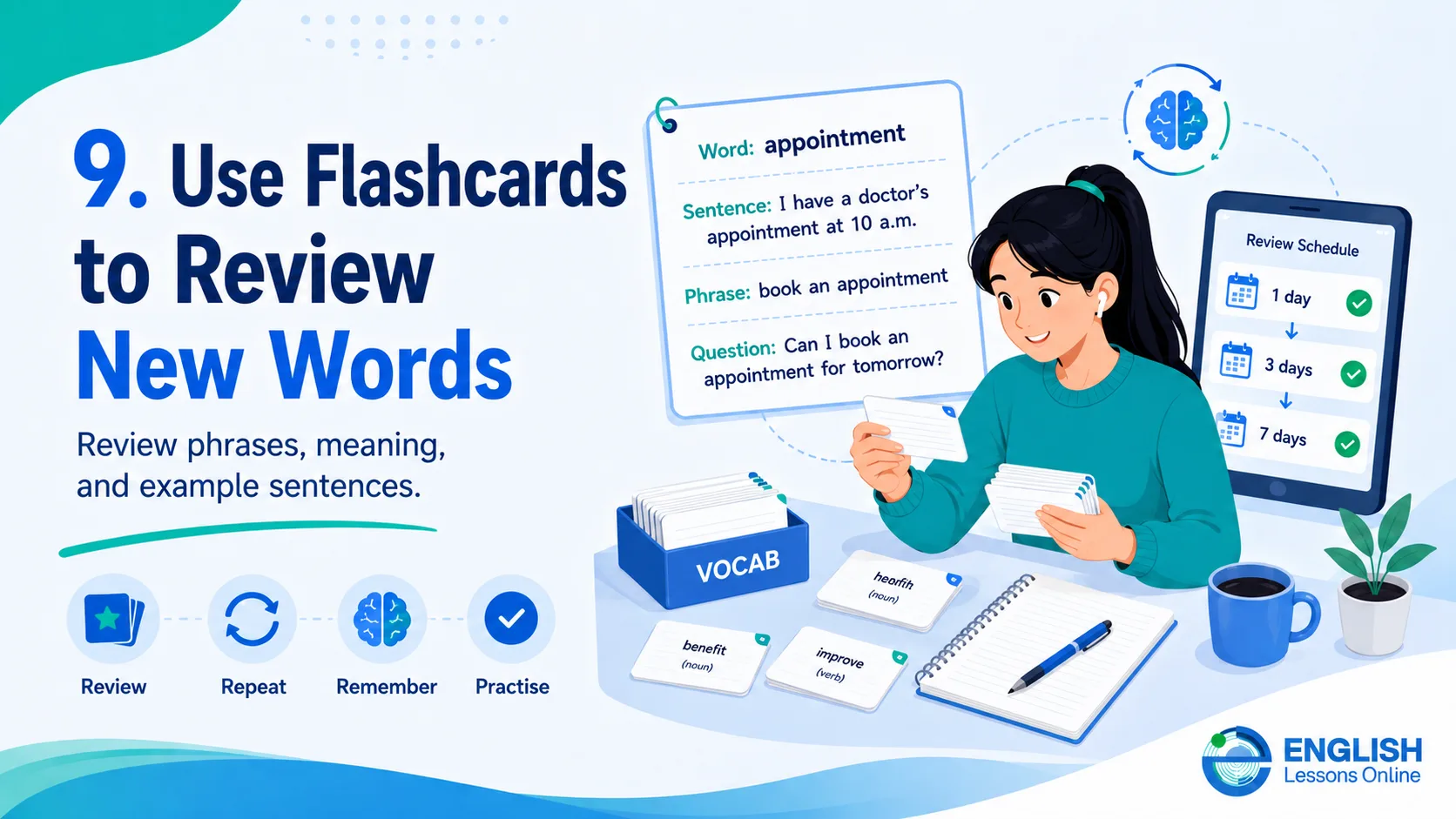 Learner using flashcards to review new English words with meanings, phrases, and example sentences