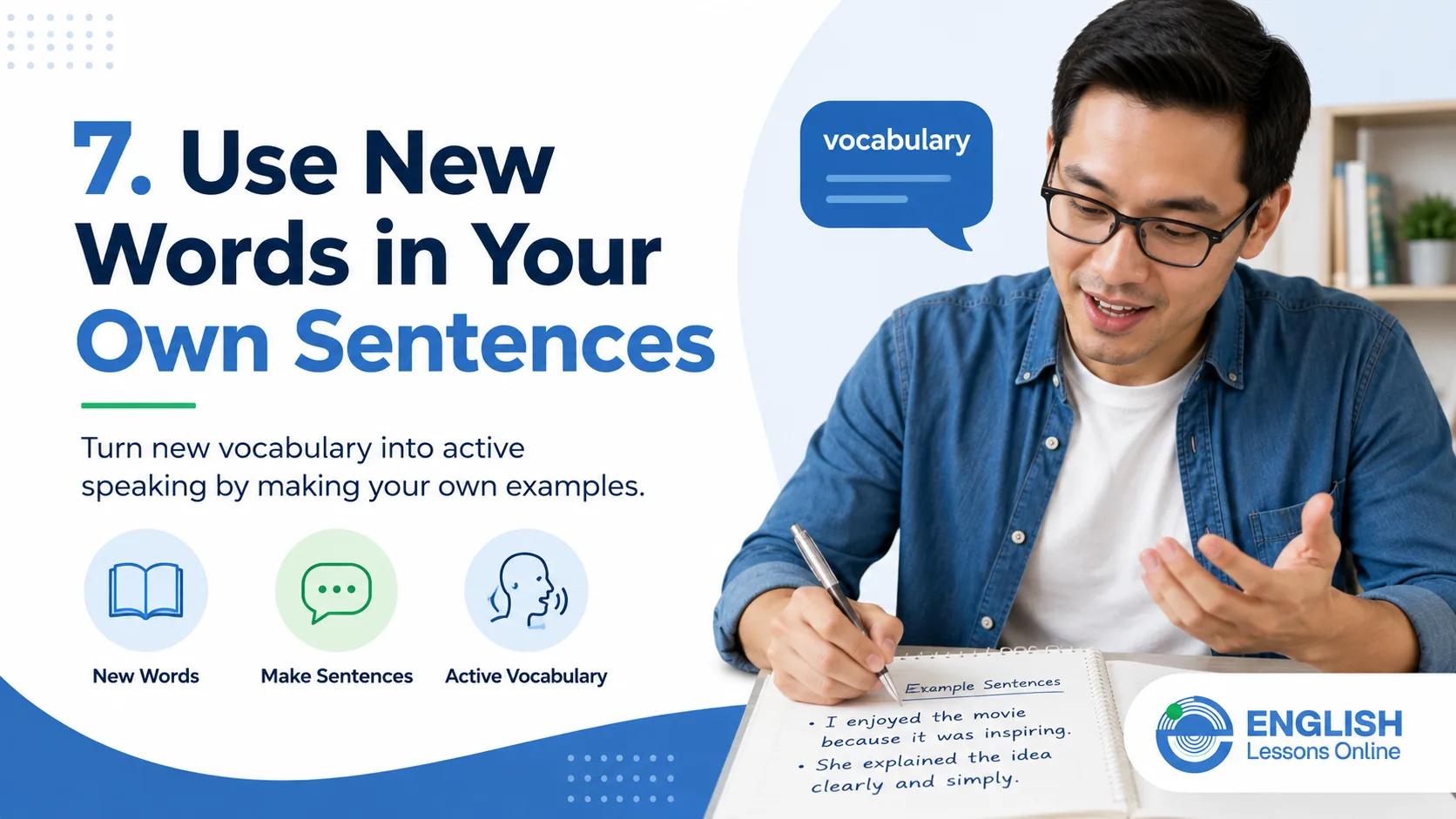 English learner using new vocabulary in example sentences