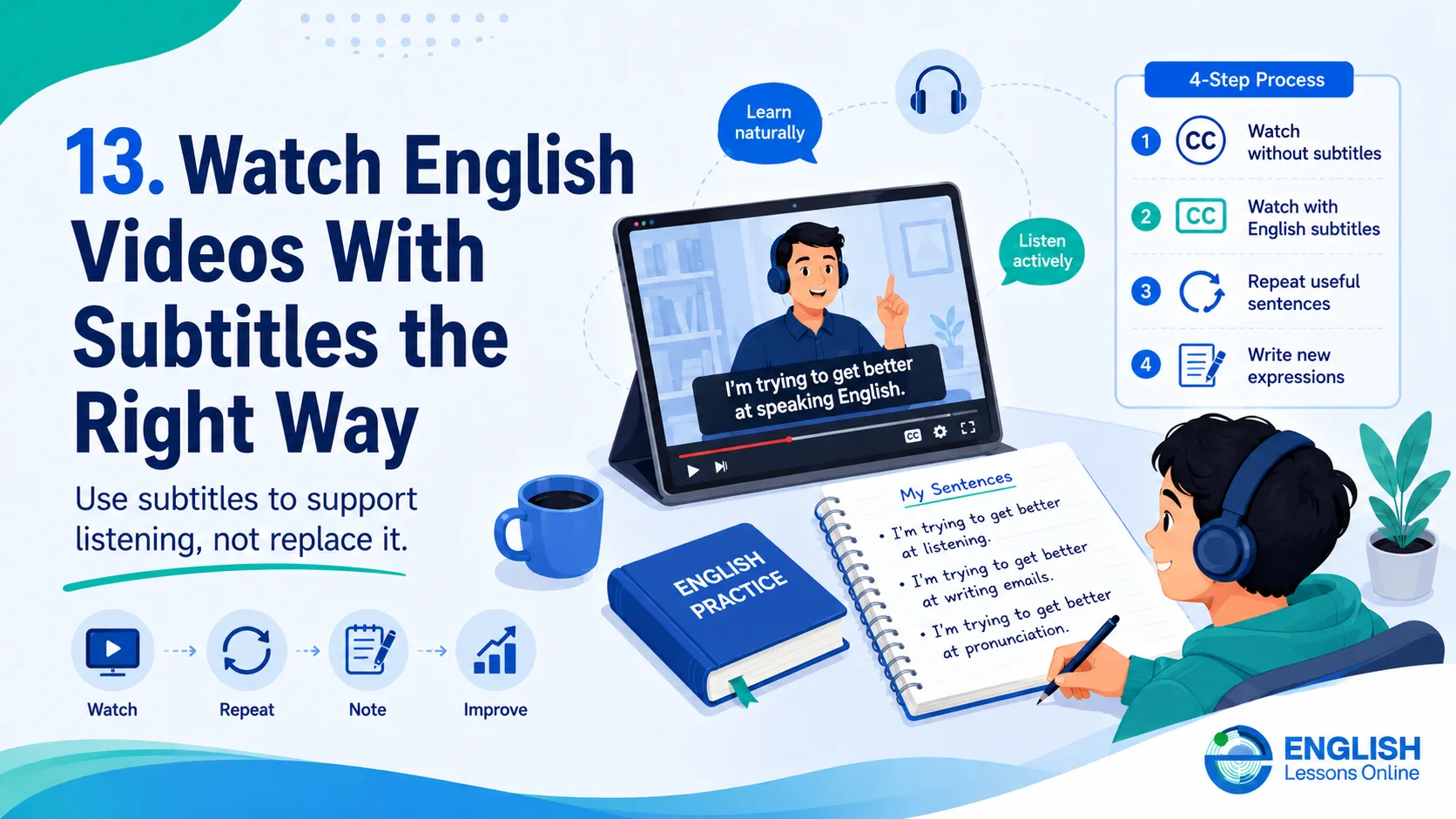 Learner watching English videos with subtitles correctly to improve listening and vocabulary