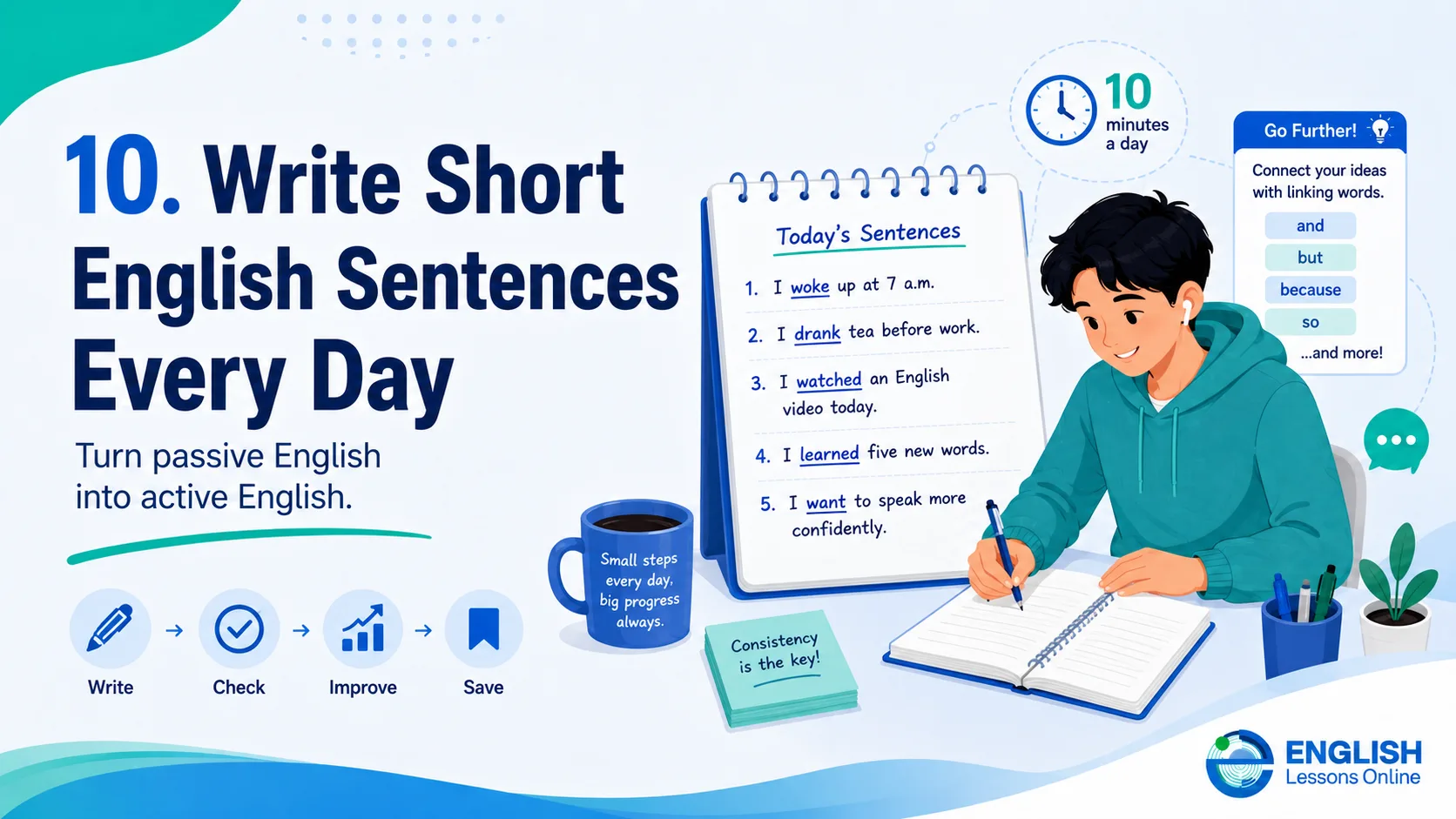 Student writing short English sentences every day to improve grammar and active vocabulary