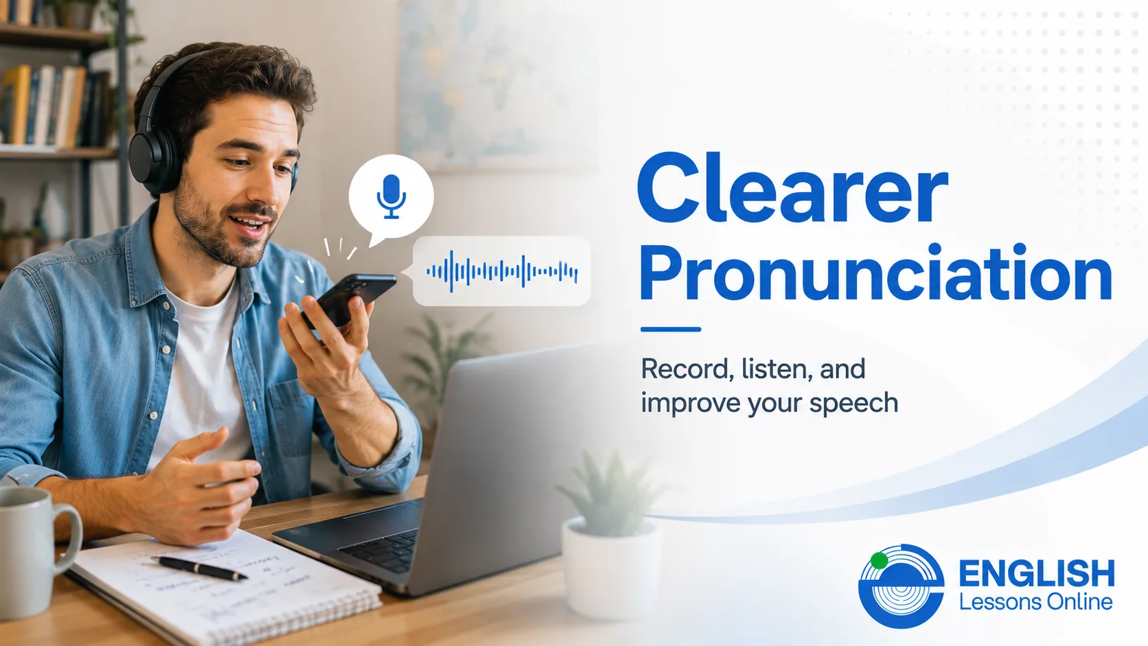 Adult English learner recording and reviewing speech for clearer pronunciation