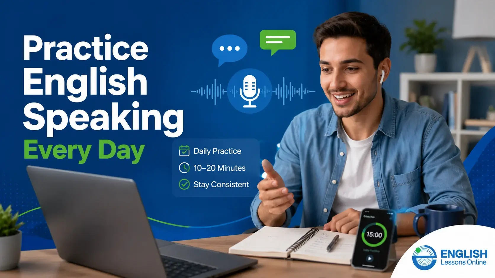 Adult learner following a daily English speaking routine for 10 to 20 minutes