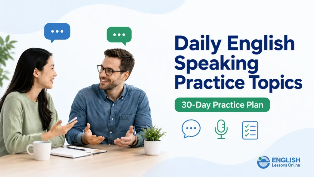 Two adult learners practicing daily English speaking topics with a 30-day practice plan