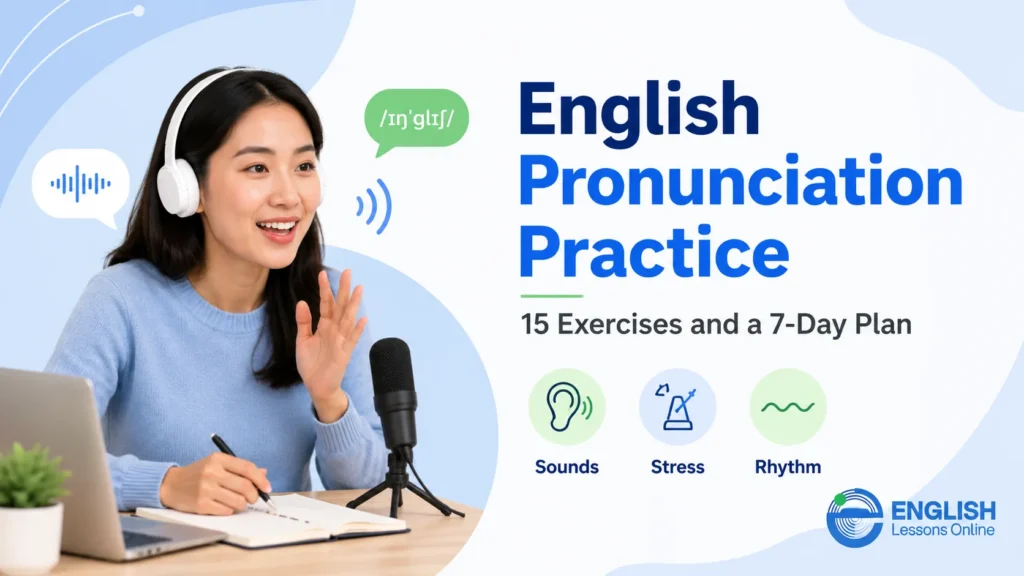 Adult learner practicing English pronunciation with headphones and a microphone