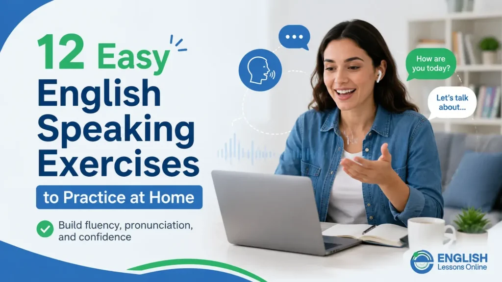 Adult learner practicing English speaking exercises at home using a laptop