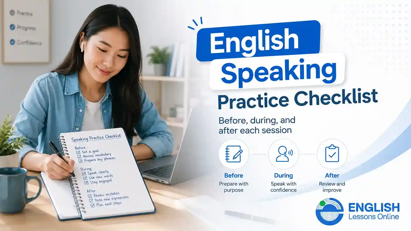 English speaking practice checklist for before, during, and after each session
