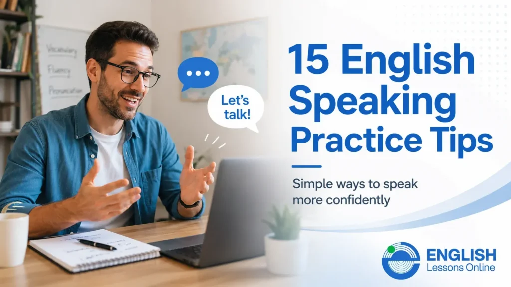 Adult learner practicing 15 English speaking tips during an online lesson
