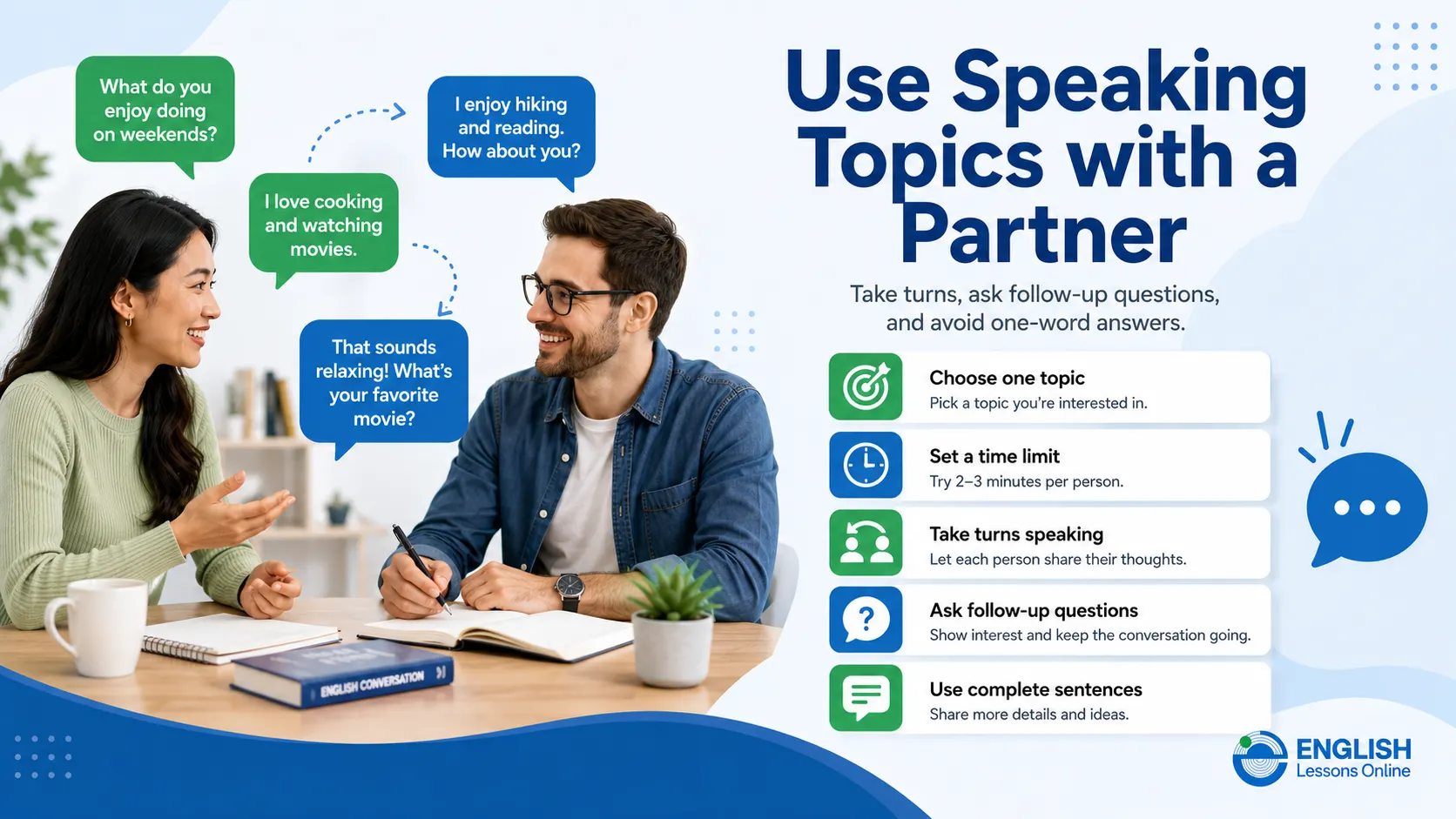 Two learners using English speaking topics with a partner and asking follow-up questions