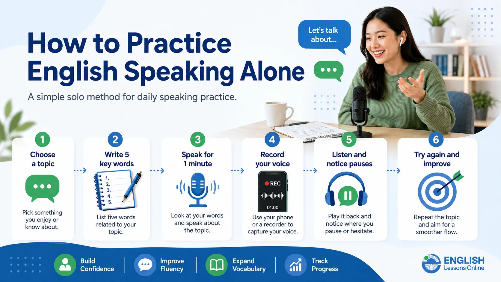Six-step method for practicing English speaking alone using topics, recording, and review