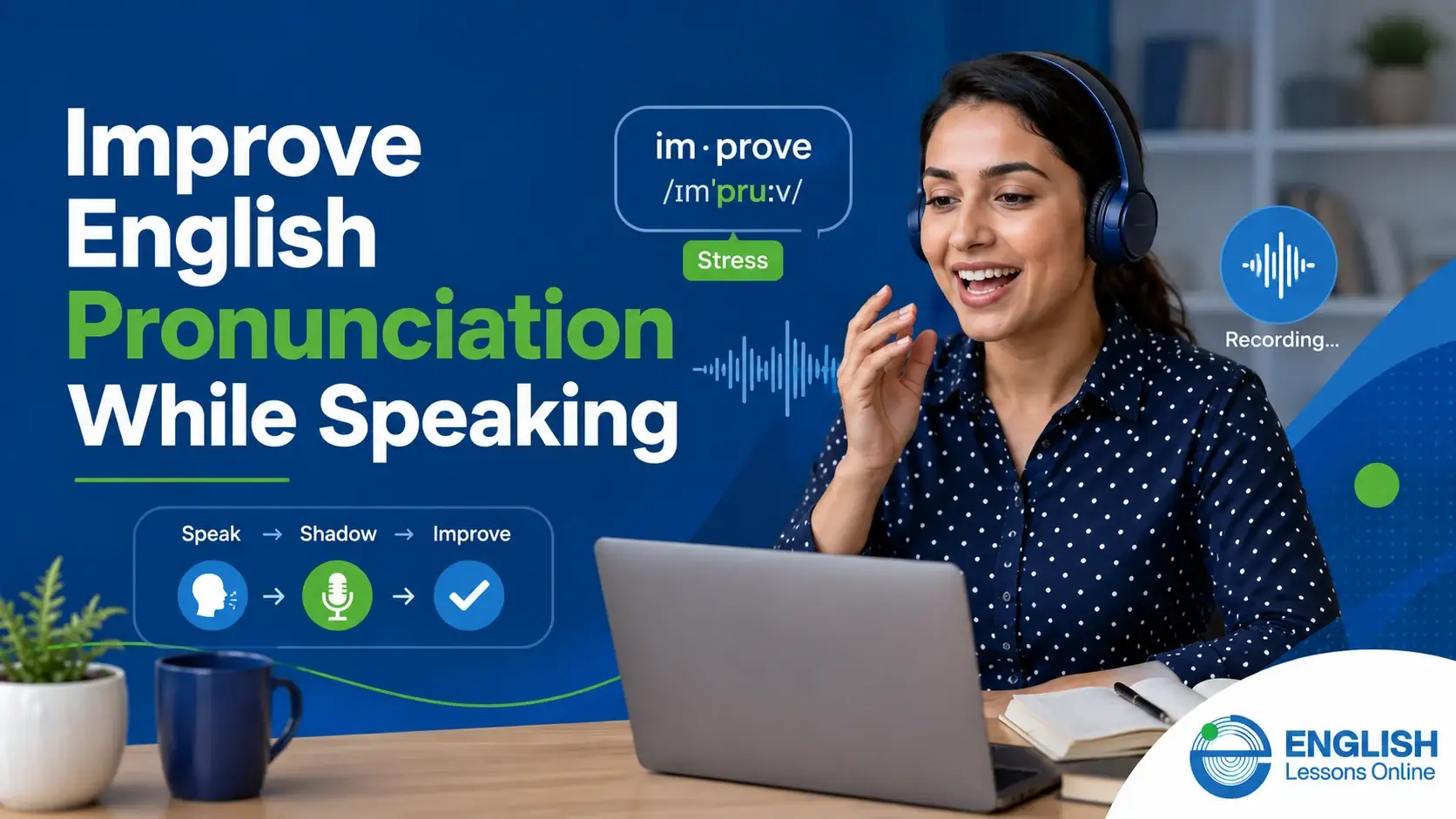 English learner improving pronunciation through speaking, shadowing, and voice recording practice