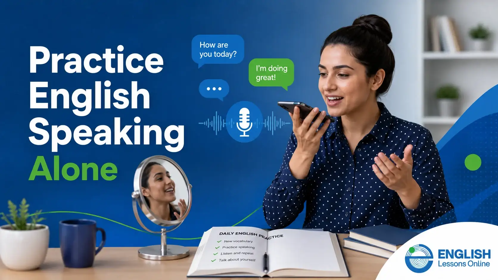 Woman practicing English speaking alone by recording her voice and talking to herself