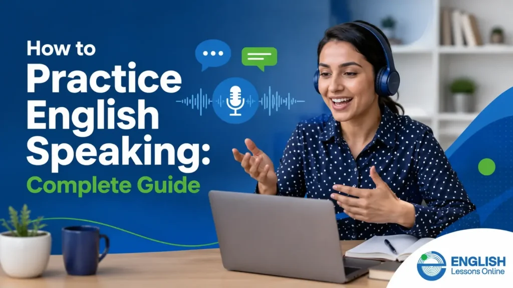 Adult learner practicing English speaking online with a laptop, headphones, and speaking exercises