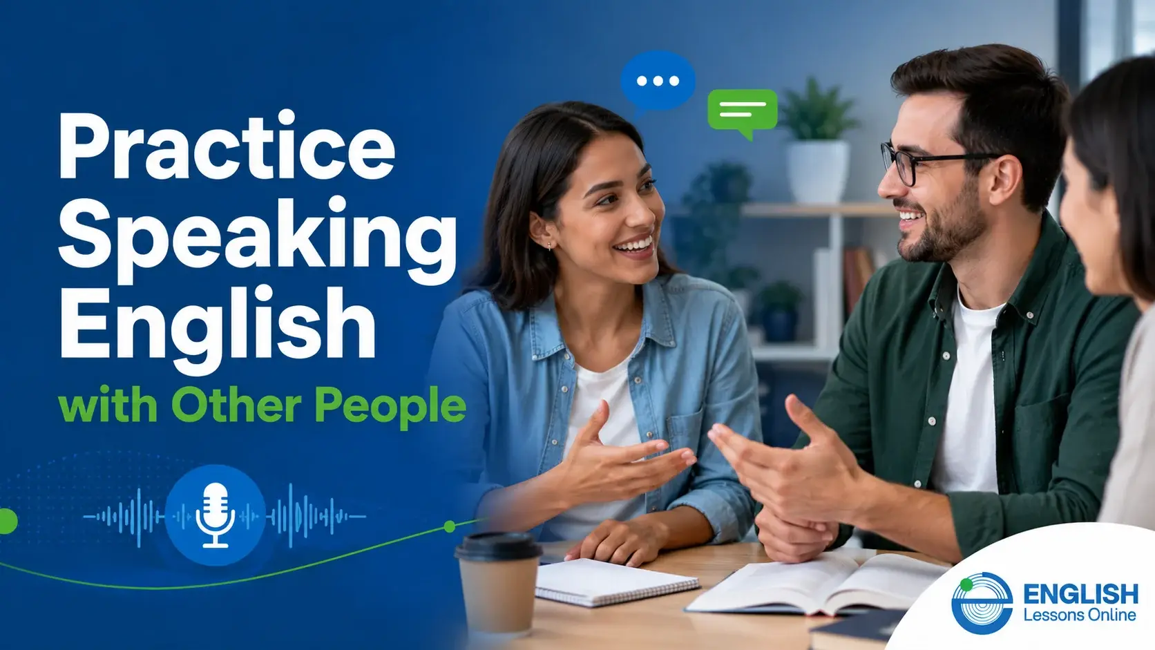 Adult learners practicing spoken English together through a friendly real-life conversation
