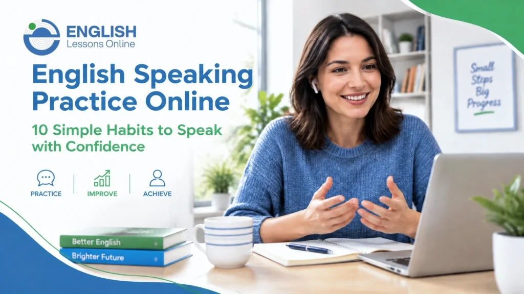 English speaking practice online: adult woman building speaking confidence with simple speaking habits in online English classes